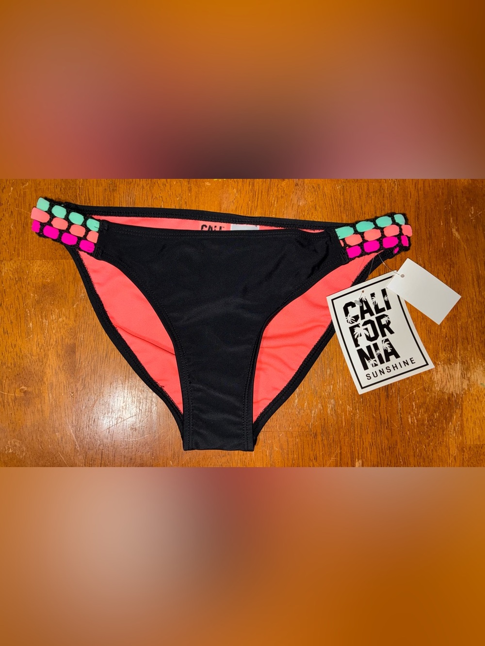 Women’s Black & Coral Bikini Bottoms with Colorful Side Accents